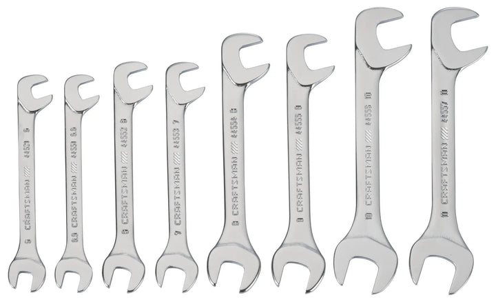 Front angle photo of Craftsman open-end wrench set, chrome finish, eight pieces, SKU CMMT94308.
