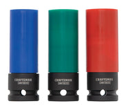 Photo of three CRAFTSMAN CMMT98282 socket covers in blue, green, and red, shown upright on white background.