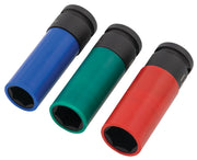 Photo of CRAFTSMAN SKU CMMT98282, set of three color-coded impact sockets, blue, green, and red, on white background.
