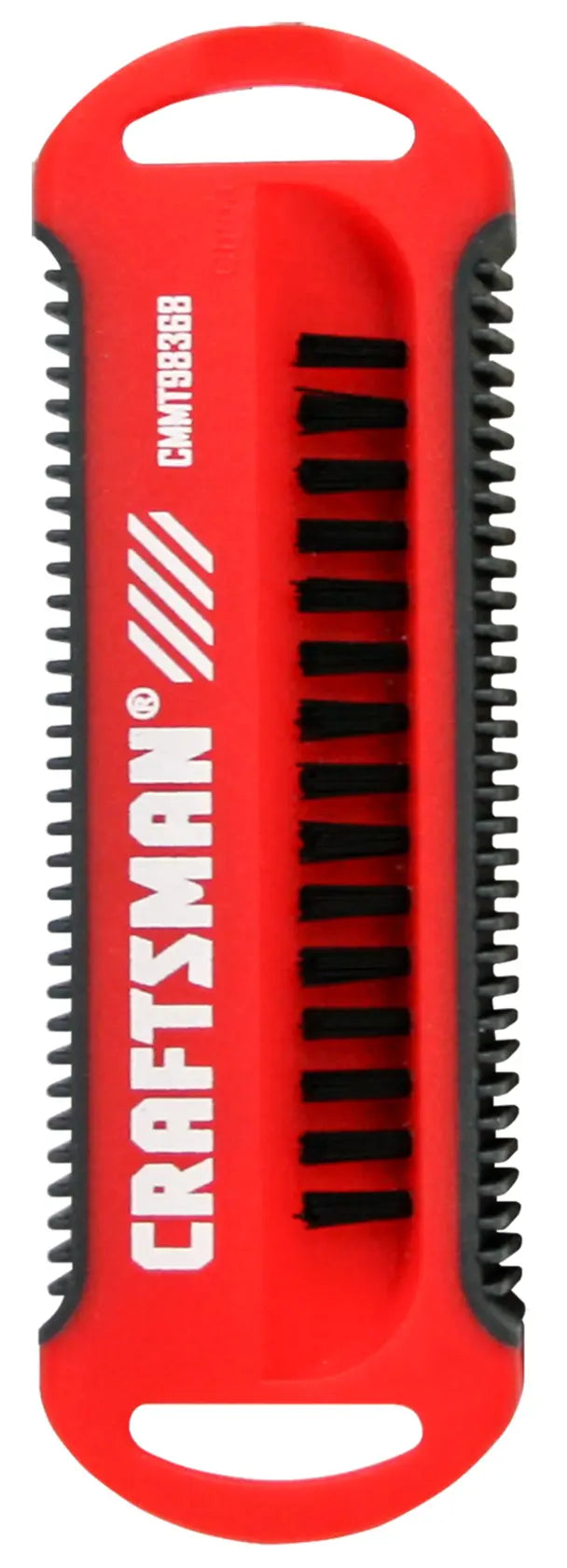 A red and black handheld cleaning brush with the brand name 'CRAFTSMAN' printed on it. The brush has two handles, black bristles, and a compact rectangular design.
