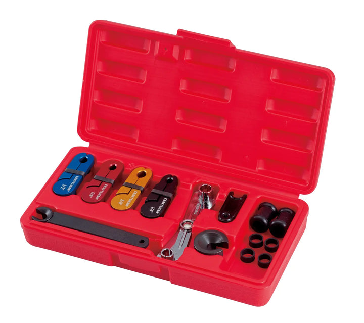 Craftsman CMMT98370 automotive tool kit in red case, various colored fittings and wrenches, front angle photo.