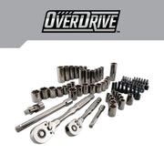 Photo of Craftsman socket and ratchet set with multiple sockets, wrenches, and bits, CMMT99080L, front angle, white background.