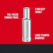 Craftsman 8 mm deep socket CMMT99143 with full-polish chrome finish and large stamped markings, front angle.