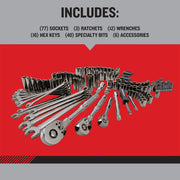 Craftsman tool set CMMT99154L, assorted sockets, ratchets, wrenches, bits and accessories, front angle photo.