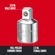 Photo of Craftsman socket adapter CMMT99222, full-polish chrome finish, 3/8 in. male drive to 1/2 in. female drive, front angle.