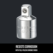 Photo of Craftsman adapter CMMT99222, chrome finish, shown upright on white background, resists corrosion.