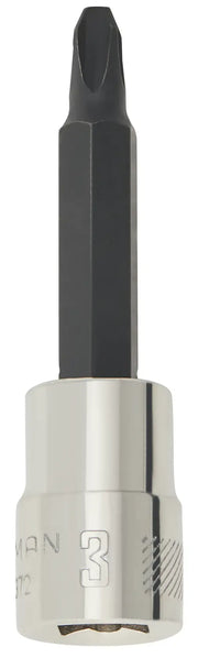 Craftsman bit socket with black Phillips head, polished chrome base, CMMT99258, tool close-up on white background.