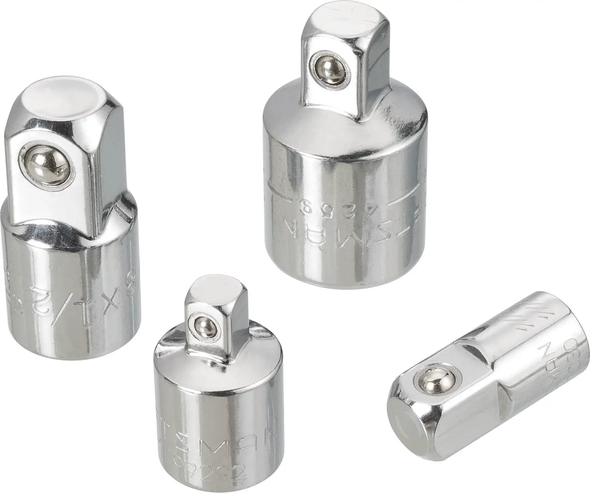 Photo of four CRAFTSMAN chrome socket adapters, SKU CMMT99278, tool accessories on white background.