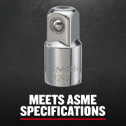 Photo of Craftsman socket adapter, chrome finish, CMMT99293, graphics category, front view on black background.