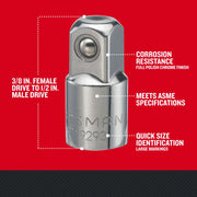 Photo of Craftsman 3/8 in. female to 1/2 in. male drive adapter, CMMT99293, chrome finish, close-up, front angle.
