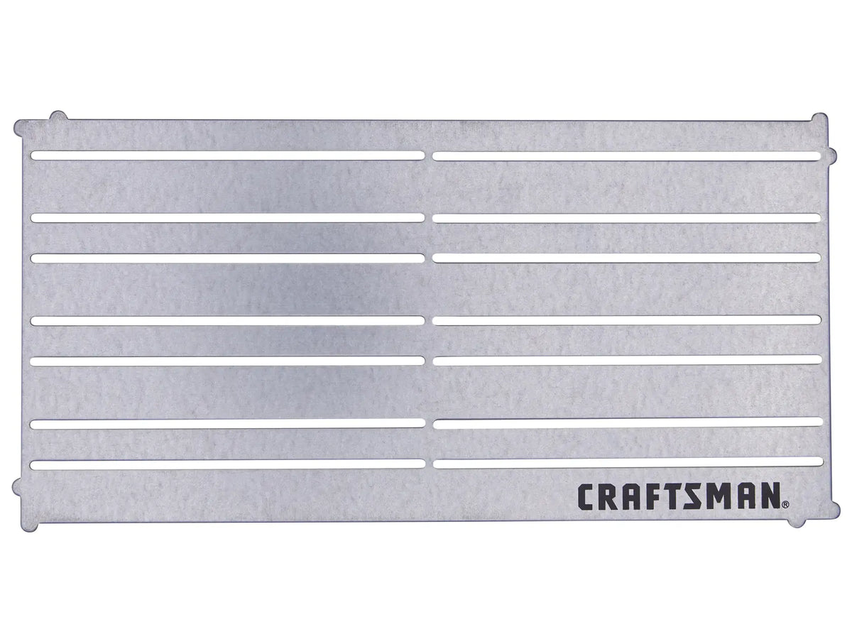 Photo of CRAFTSMAN metal tool storage panel, SKU CMMT99406, silver finish, horizontal slots, top-down angle.