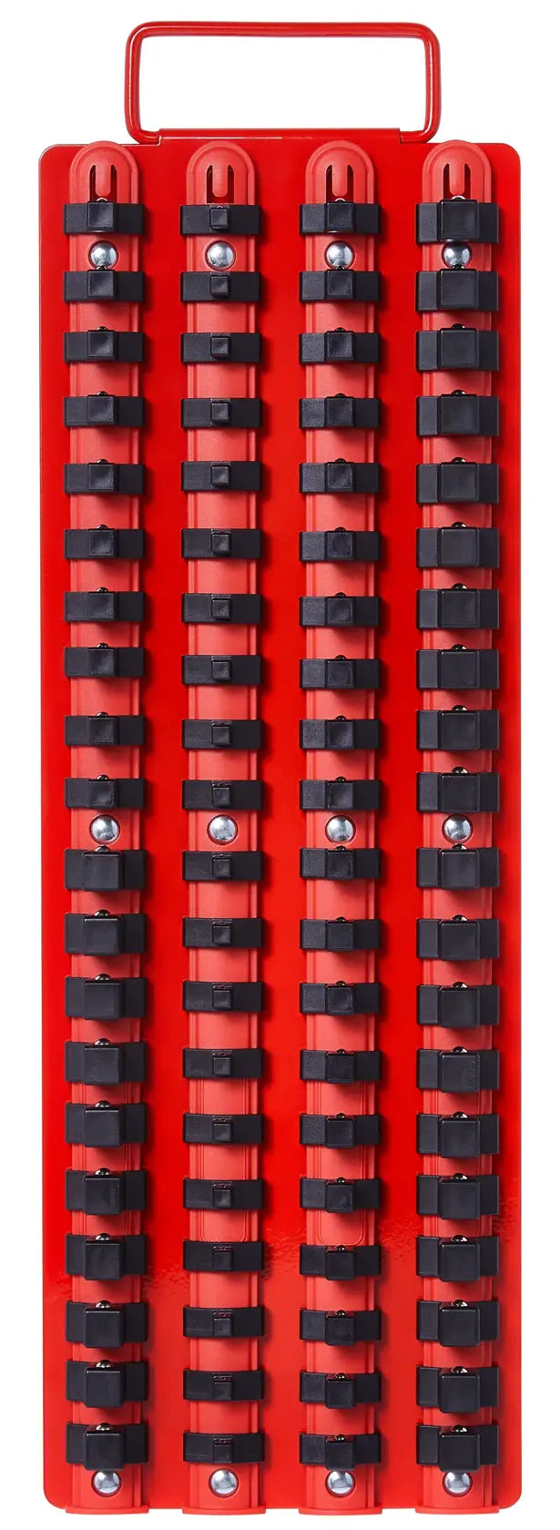 Photo of Craftsman red socket organizer tray, SKU CMMT99419, with four rows of black clips, front angle.