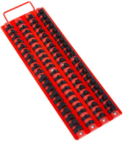 Craftsman CMMT99419 red plastic socket organizer tray with black clips, top angle, tool storage photography