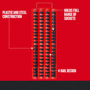 Photo of Craftsman socket organizer CMMT99419, red plastic and steel, 4-rail design, holds full range of sockets, top view.