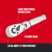 Craftsman 3/8 in. drive 72-tooth ratchet with large switch lever, flexible head, SKU CMMT99425, angled photo.