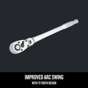 Craftsman chrome ratchet wrench CMMT99430, side angle, featuring 72-tooth design for improved arc swing.