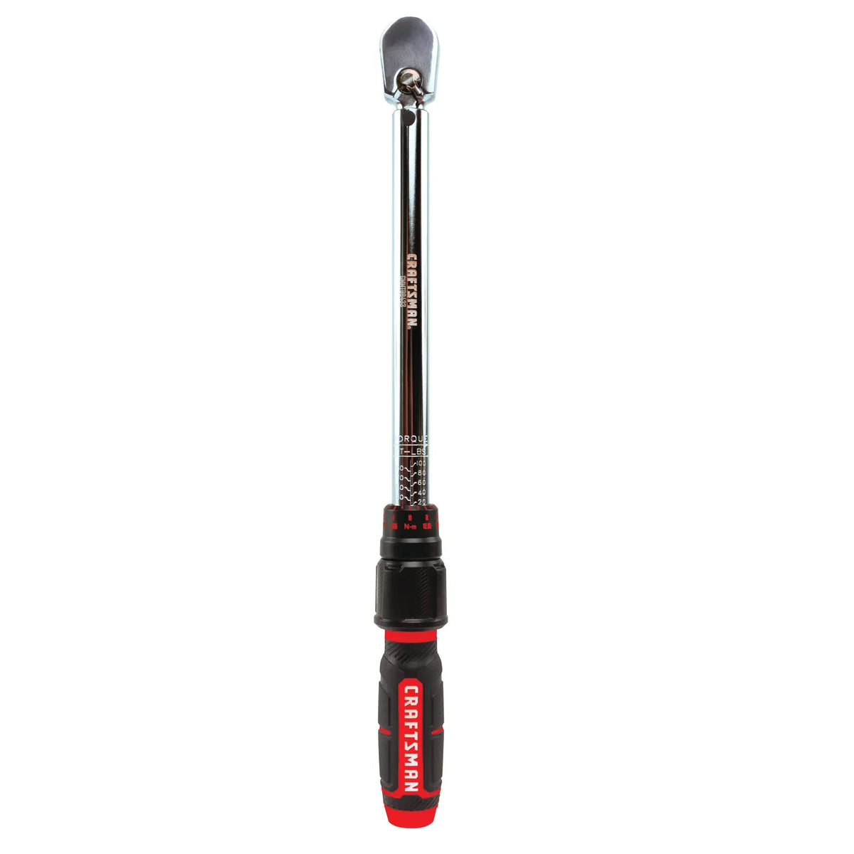 Photo of CRAFTSMAN torque wrench with black and red handle, SKU CMMT99433, photographed vertically on white background.
