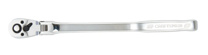 Photo of CRAFTSMAN long handle flex head ratchet, model CMMT99439, silver finish, side angle on white background.