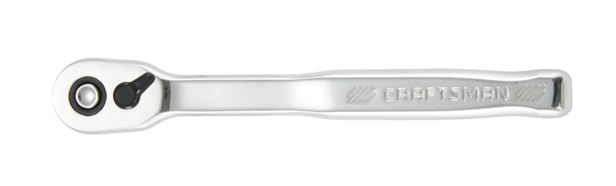 Photo of CRAFTSMAN CMMT99442 chrome ratchet wrench, top view on white background, with engraved brand name on handle.