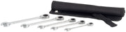 Craftsman ratcheting wrench set with five chrome wrenches and black roll-up pouch, CMMT99755, front view.