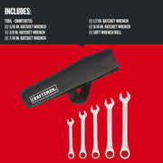 Craftsman wrench set CMMT99755 with five ratchet wrenches and soft roll pouch, front angle on red background.