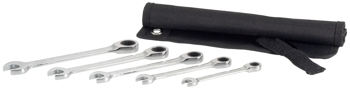 Craftsman CMMT99756 ratcheting combination wrench set with five silver wrenches and black carrying pouch, angled view.