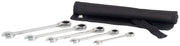 Craftsman CMMT99756 ratcheting combination wrench set with five silver wrenches and black carrying pouch, angled view.