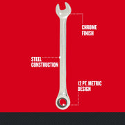 Front view of Craftsman combination wrench CMMT99756, chrome finish, steel construction, 12 pt. metric design.