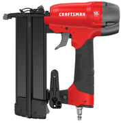 Photo of CRAFTSMAN CMPBN18K 18-gauge brad nailer, red and black, side view on white background.