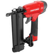 Photo of Craftsman CMPBN18K 18-gauge brad nailer in red and black, angled on white background.