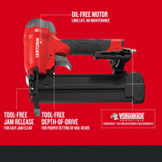 Photo of Craftsman brad nailer CMPBN18K, side view on white background, features oil-free motor, tool-free jam release, tool-free depth-of-drive, VERSATRACK compatible.