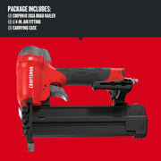 Photo of Craftsman CMPBN18K 18GA brad nailer, red and black, side view on red background.