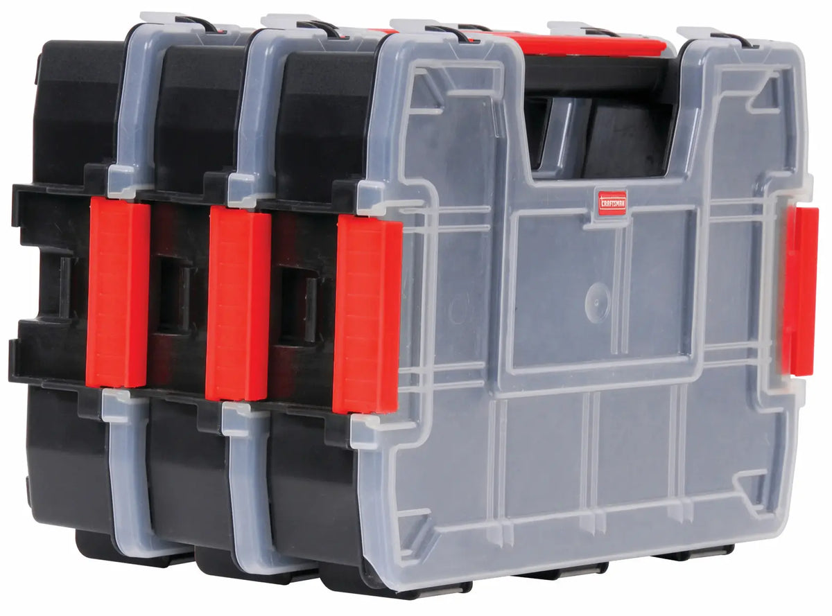 Craftsman stackable plastic organizer case with red latches, front angle, SKU CMST14021.