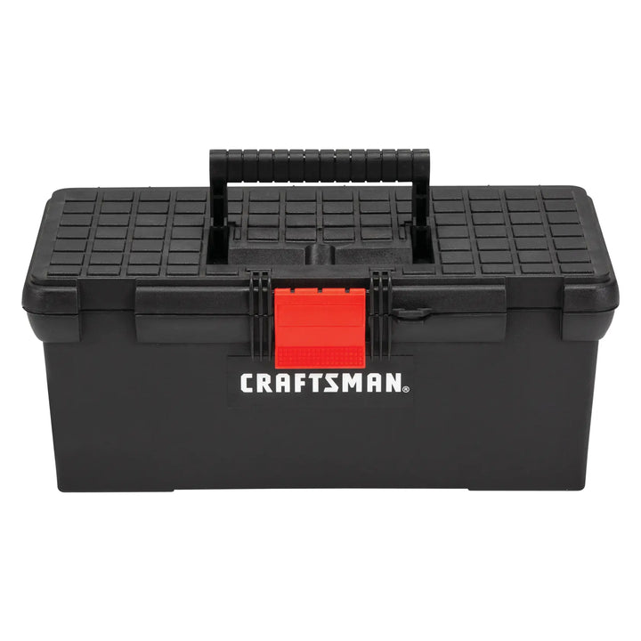 Craftsman CMST16005 black plastic toolbox with red latch and textured lid, front angle on white background.