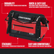 Photo of Craftsman tool bag CMST17622 with red and black fabric, zippered pockets, stackable Versastack base.
