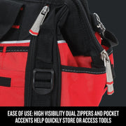 Photo of Craftsman red and black tool bag CMST17622, close-up angle showing dual zippers and pocket accents.