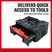 Craftsman CMST17803 black and red tool box with open front drawer, top angle, easy-open latch.