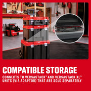 Craftsman CMST17803 black and red rolling toolbox stack with silver latches in a garage, front angle.
