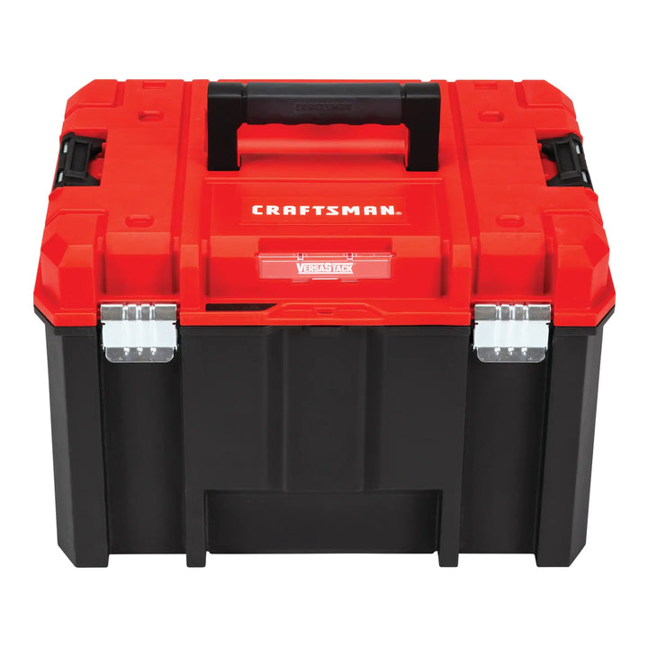 Craftsman CMST17825 black and red plastic tool box with top handle, front angle, white background.