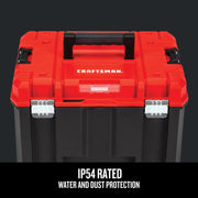 Photo of Craftsman black and red tool box, front angle, SKU CMST17825, IP54 rated for water and dust protection.