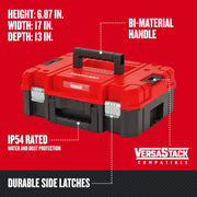 Craftsman toolbox with bi-material handle, side latches, red and black, SKU CMST17830, front angle.