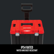 Craftsman rolling tool box CMST17835, red and black, with extended handle, IP54 water and dust resistant, front angle.