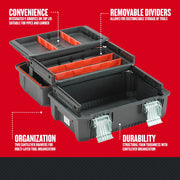 Craftsman CMST18001 tool box with two cantilever drawers, removable orange dividers, black case, shown open at an angle.