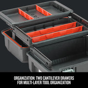 Photo of CRAFTSMAN tool box CMST18001 with two cantilever drawers and red dividers, front angle.