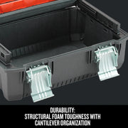 Photo of Craftsman toolbox CMST18001, open view showing cantilever lid and two metal latches, black and red design.