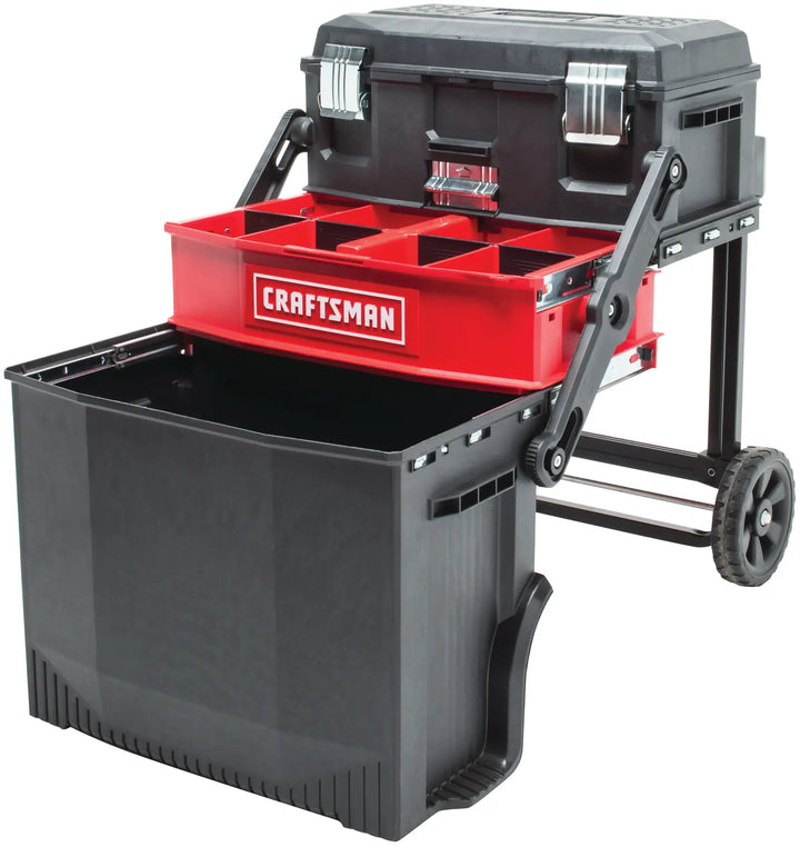 Photo of Craftsman CMST20880 rolling toolbox with black and red compartments, open front angle on white background.