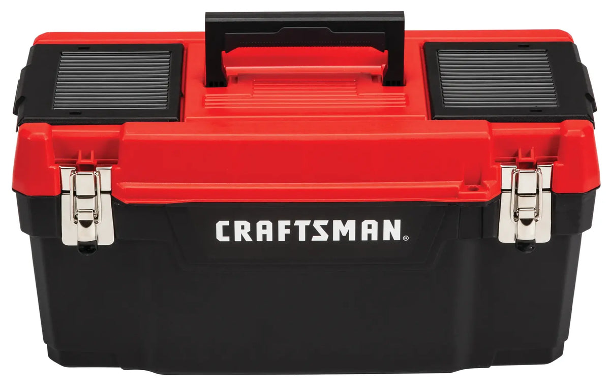 Photo of Craftsman CMST20901 black and red plastic toolbox with metal latches, top handle, and two small organizers, front angle.
