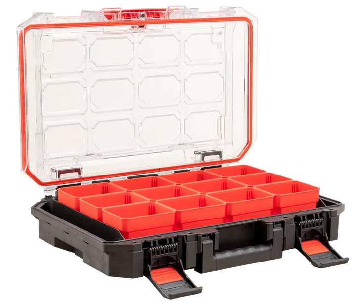 CRAFTSMAN CMST21417 organizer case with clear lid, red compartments, black base, front angle photo.