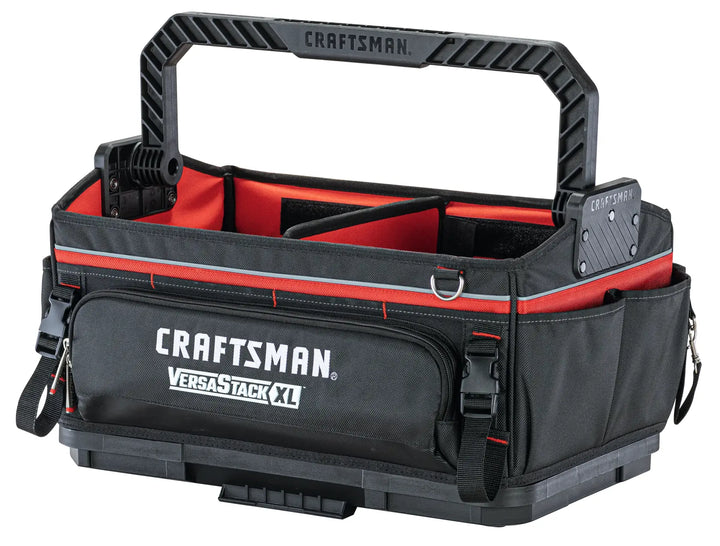 Front angle photo of Craftsman VersaStack XL tool bag, SKU CMST21451, black with red accents and large handle.