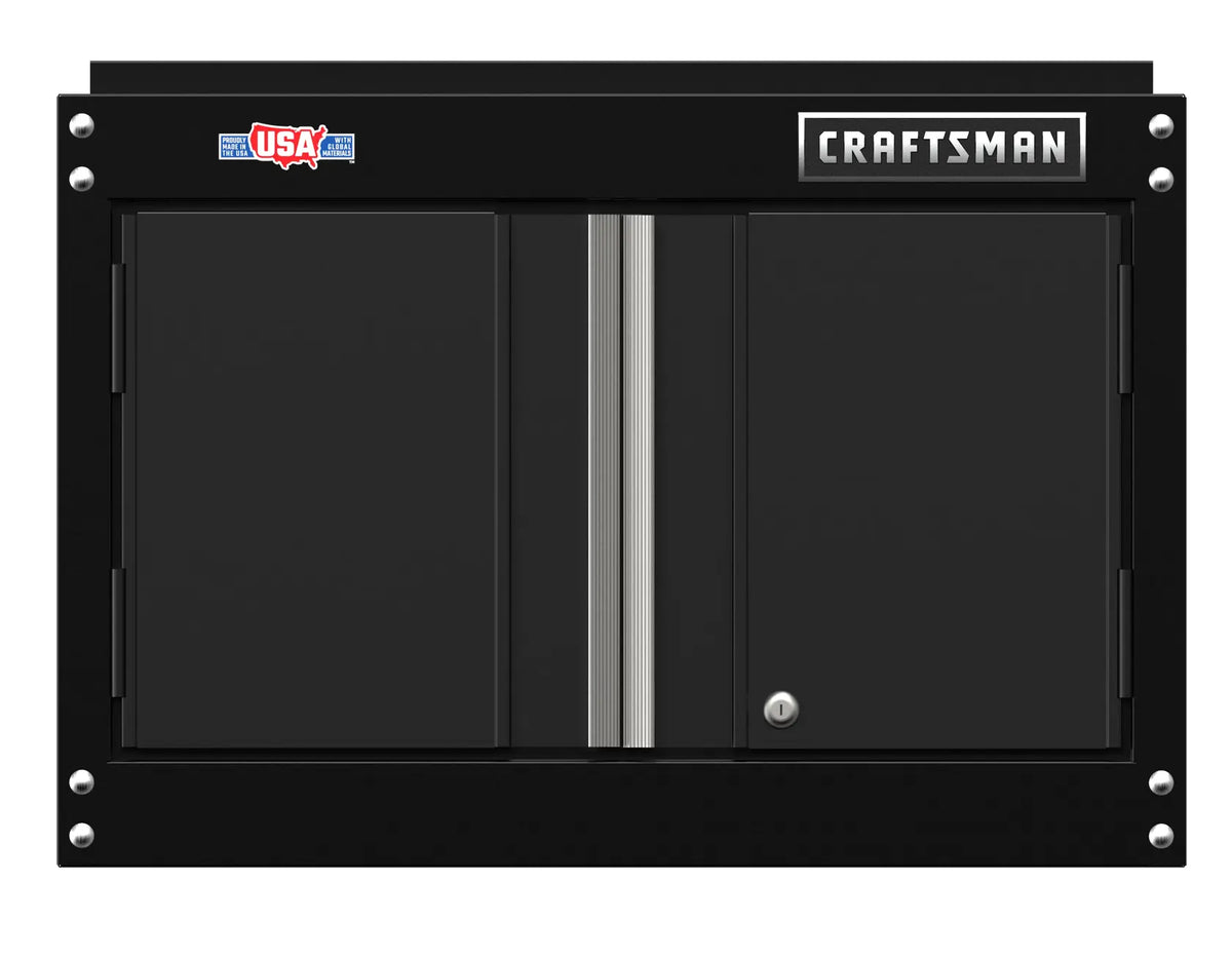 Front view photo of Craftsman CMST21802BK black wall cabinet with two metal doors, silver handles, and locking feature.